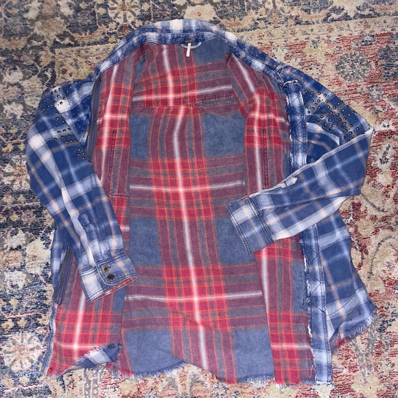 Free People Plaid Flannel Distressed/Deconstructed Stud Jacket/Shacket Size L - Picture 3 of 14